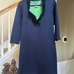 Gretchen Scott Designs Navy Jersey Dress with Ruffneck and Lime Green Lining